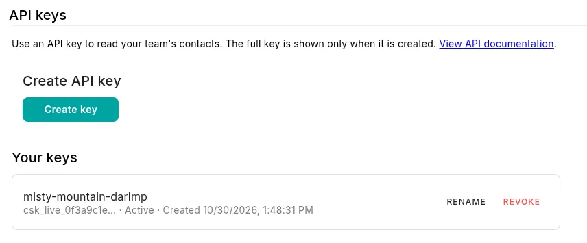 A key in the Your keys list, with Rename and Revoke actions