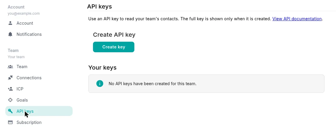 The API keys page in Settings, with the Create key button