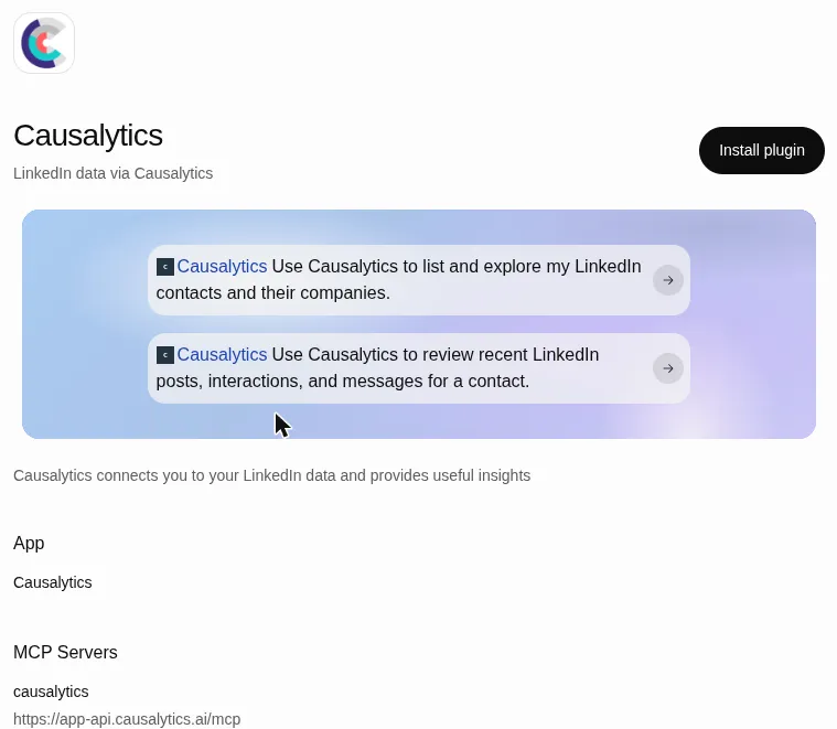 The Causalytics plugin listing in ChatGPT